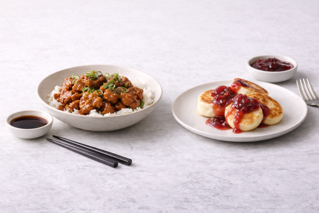 Comfort food dishes served on a light table, showing a bowl of rice topped with glazed meat and green onions, soy sauce and chopsticks on the side, alongside a plate of golden pancakes topped with red fruit sauce.