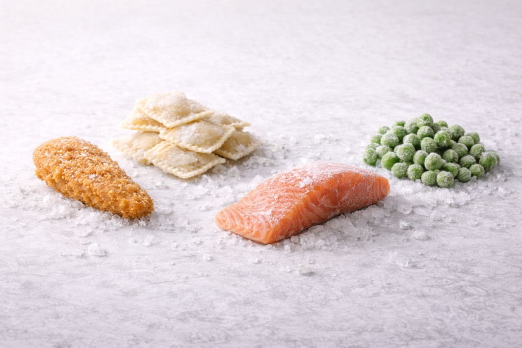Frozen food products displayed on ice crystals, including a breaded fish fillet, frozen ravioli, a raw frozen salmon fillet, and a portion of frozen green peas, presented in a minimalist studio setting.