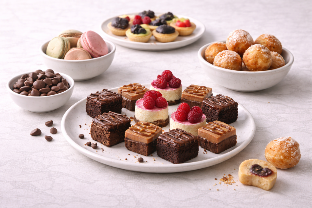 An assortment of mini desserts displayed on plates and bowls, including chocolate brownies, cheesecake bites topped with raspberries, macarons, fruit tarts, chocolate drops and powdered sugar doughnut balls, styled for an elegant dessert spread.