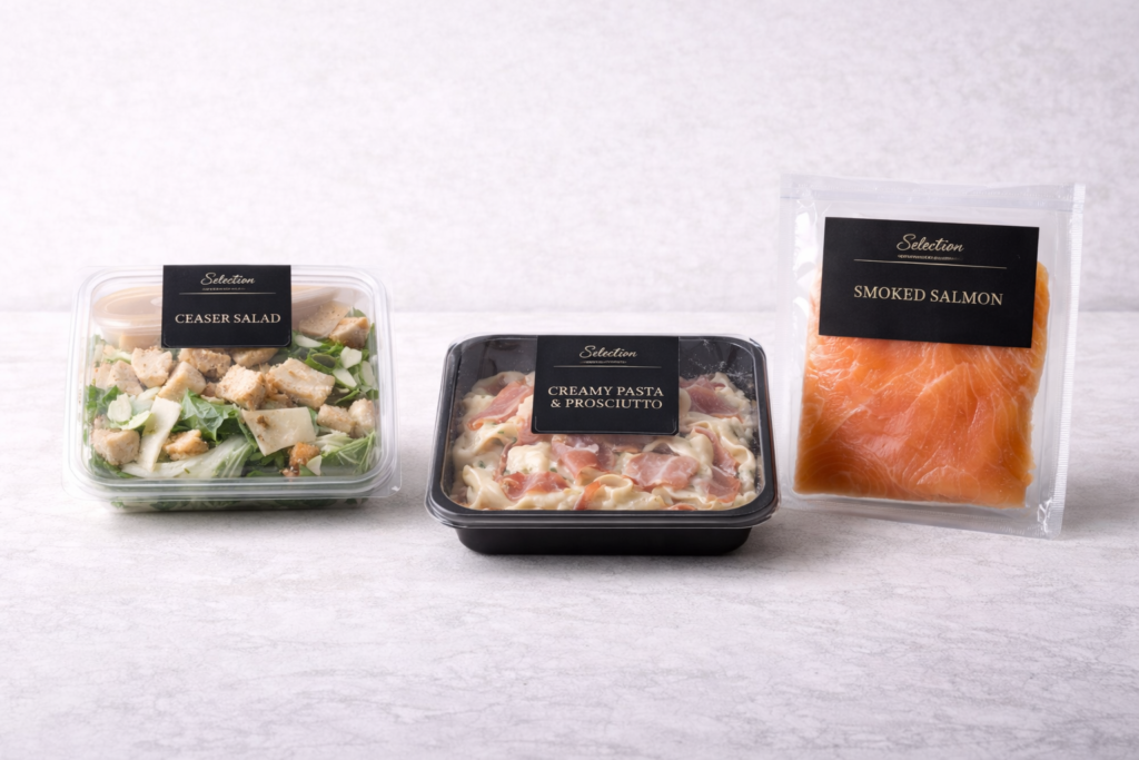 Premium ready-to-eat meals packaged in clear and black containers, including a Caesar salad, creamy pasta with prosciutto, and vacuum-packed smoked salmon, arranged neatly on a light neutral background.