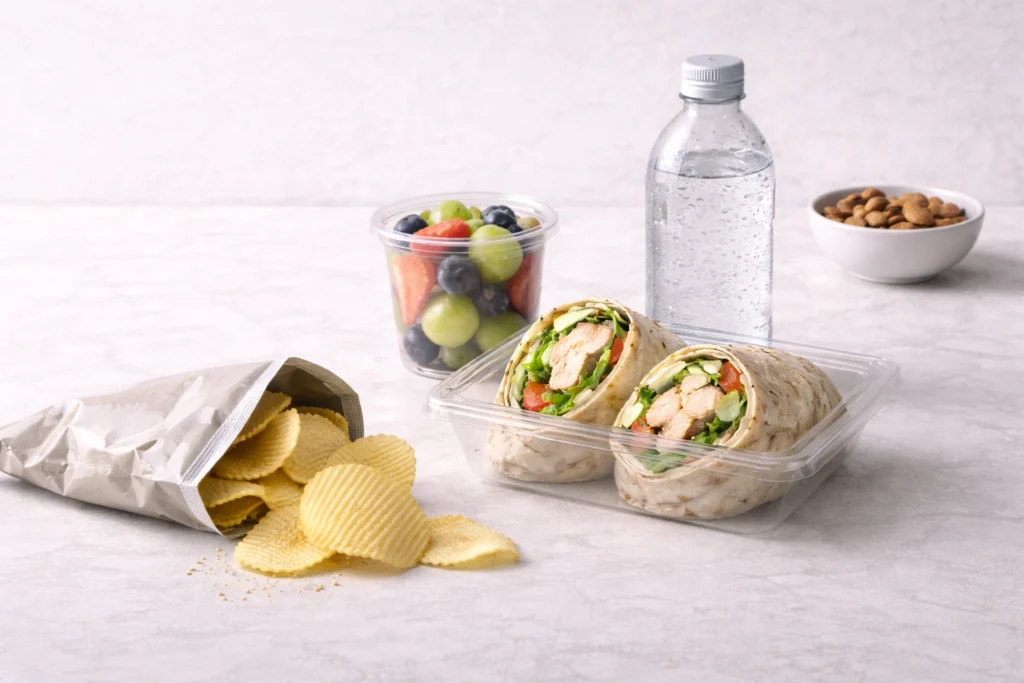 A balanced snack set arranged on a light surface, featuring a chicken wrap cut in half in a clear container, a cup of fresh fruit, ridged potato chips spilling from an open bag, a bottle of water with condensation, and a small bowl of nuts in the background.