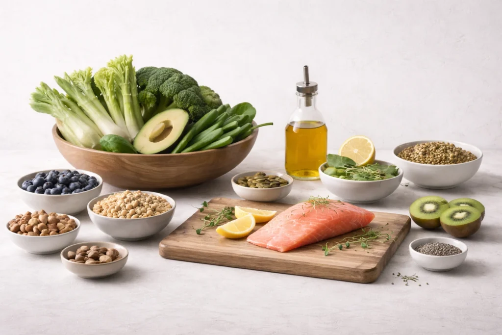 A clean, healthy food composition with fresh ingredients including raw salmon on a wooden board, green vegetables such as broccoli, avocado and green beans, bowls of seeds and nuts, blueberries, kiwi, olive oil and lemon, styled on a bright neutral background.